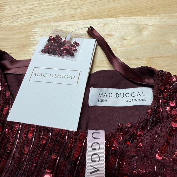 Mac Duggal NWT Red Long Sleeve Ruffle Detail Sequin Midi Dress Size 4 High Neck - Picture 5 of 10